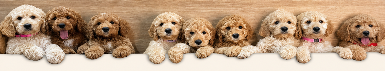 A row of nine fluffy Groodle puppies peeking over a wooden ledge